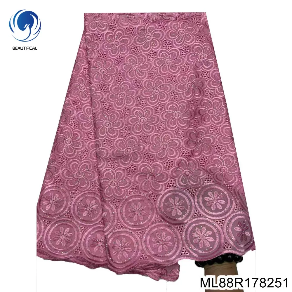 

2025 New African Pink Diamond 100% Cotton Fabric Nigeria Swiss French Lace Embroidery Fashion Party Dress ML88R178