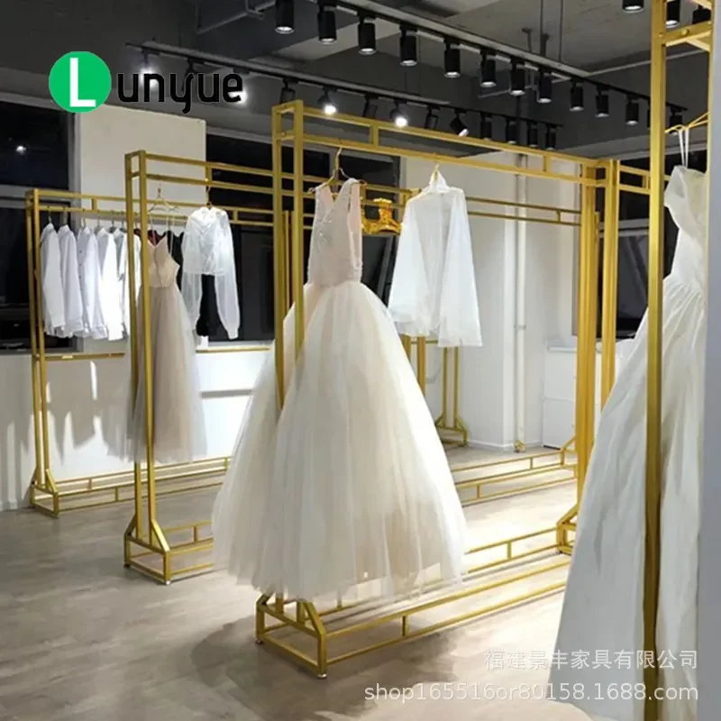 Gold Wrought Iron Clothing Rack Floor to Ceiling Dress Hanger for Wedding Shop Photography Cheongsam Display Store Fixture