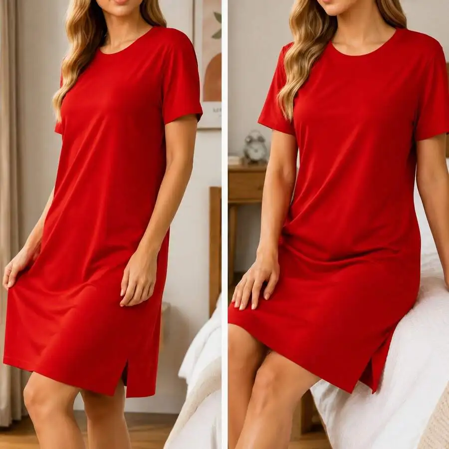 

Red Solid Short Sleeve Nightdress For Women Comfortable Loungewear Sleep Dress