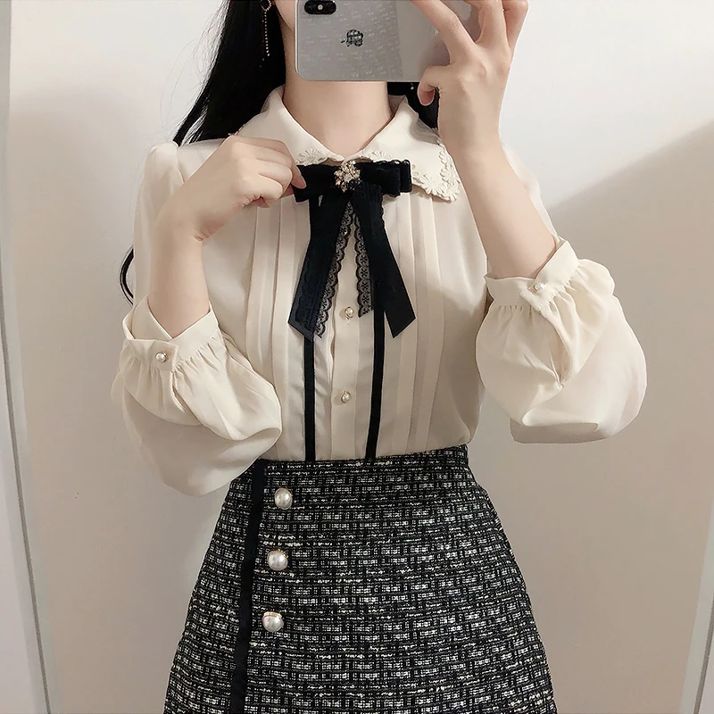 Hot Sales Women\'s Cute Tops Preppy Style Vintage Japaneses Korea Design Button Elegant Formal Work Shirts Blouses