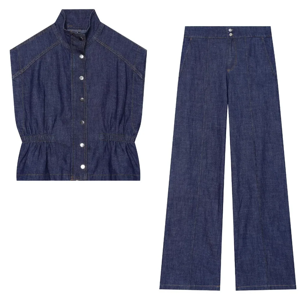 Women Indigo Denim Pant Sets Casual Cowgirls 2 Piece Sets High Collar Vest & Tonal Creased Straight Leg Pants with Elastic Waist