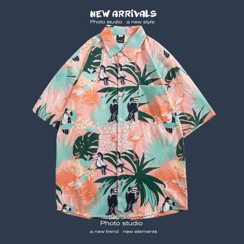 Men's Korean Streetwear Summer Fashion Hawaiian Shirt Holiday Beach Casual Loose Short Sleeved Shirt Y2k Men Clothing