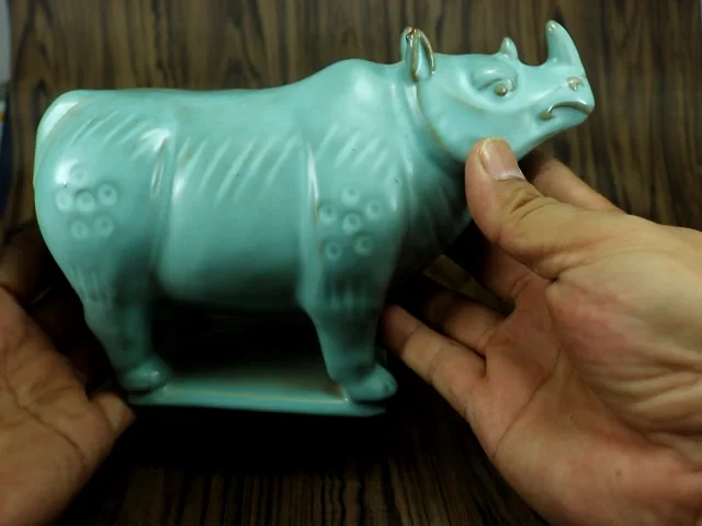 Collection Chinese Porcelain Ru Kiln Handcarved Rhinoceros Statue Ornaments