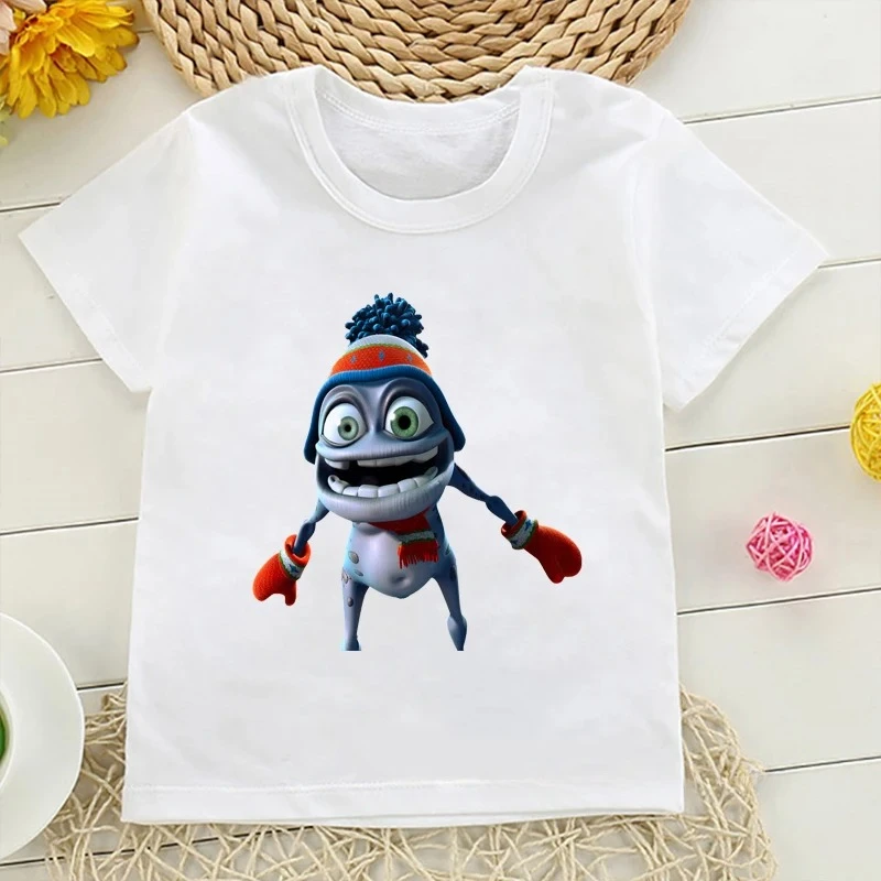 2024 New Summer Fashion Boys Pure Cotton T-shirt Fun Crazy Frog Anime Cartoon Print Children\'s Short Sleeve Hip Hop White Top