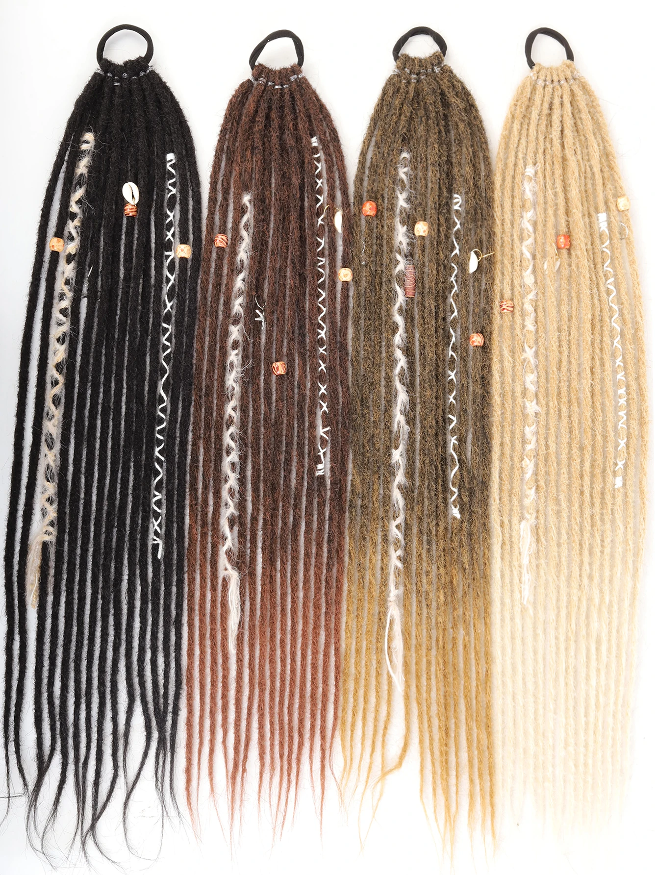 Synthetic Long Dreadlock Braids Hair Extensions Goddess Locs Ponytail Hair Tie With Shell Wooden Beads Bohemian For Women