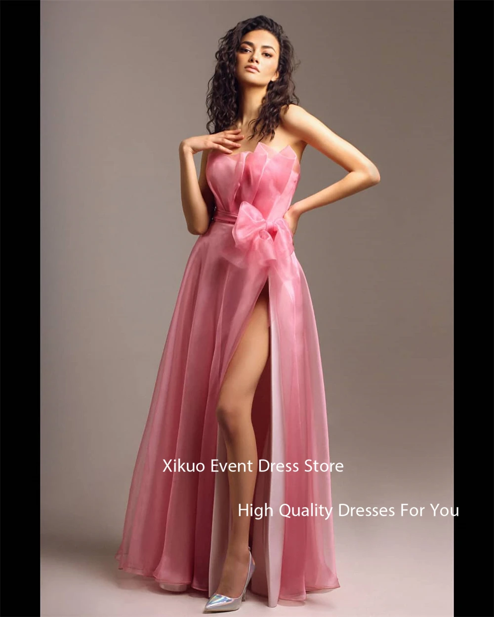 Xikuo Gaun Malam Organza Merah Muda Anggun Gaun Pesta Prom Pita Celah Sisi Tinggi Berlipat Vestidos De Gala Tanpa Tali A Line Disesuaikan