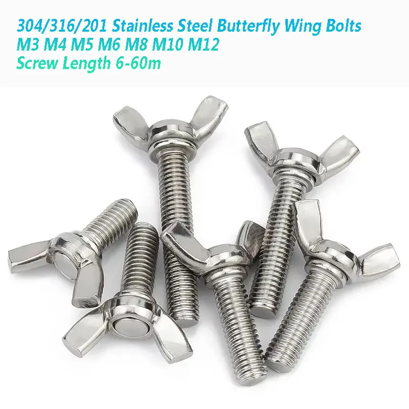 304/316/201 Stainless Steel Butterfly Wing Bolts Hand Tighting Wing Head Thumb Screws M3 M4 M5 M6 M8 M10 M12 Length 6-60mm