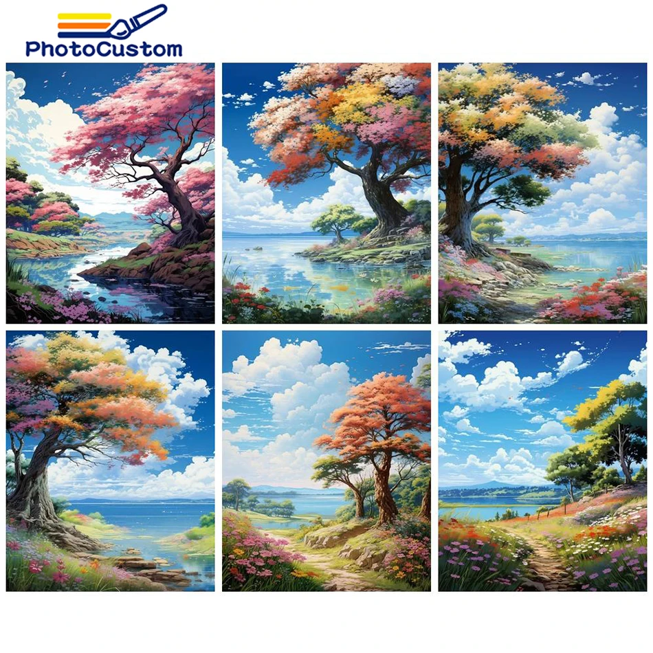 

PhotoCustom Oil Painting By Number Tree Landscape On Canvas Drawing By Number HandPainted DIY Kits Coloring Picutres Home Decor