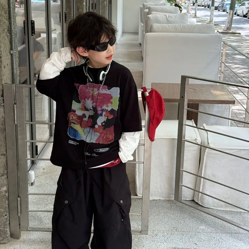

Boys T-shirt 2025 Autumn Spring Korean Style Fashion Trendy Causl Fauc Teo Piece Patchwork Print Long Sleeve Top