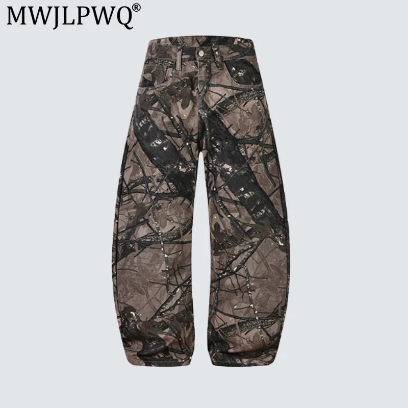 MWJLPWQ Outdoor Camouflage Curved Hem Jeans Men's Autumn American-Style Loose Straight Wide-Leg Street Casual Workwear 20424