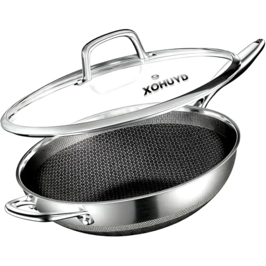 

Сковорода-вок 13 дюймов из нержавеющей стали, вок и сковорода для жарки с антипригарным покрытием, с крышкой, для индукционных, электрических, газовых и всех типов плит, профессиональная