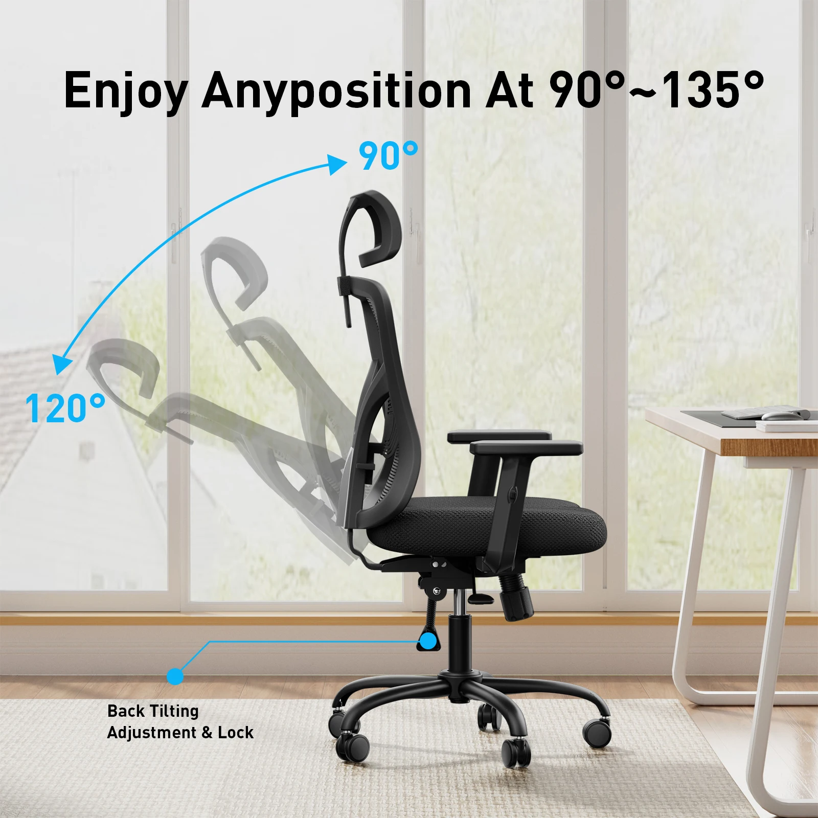 Ergonomic Office Chair with Padded Lumbar Support, 2D Headrest, Adjustable Armrests, Upgraded Contoured Seat Cushion, 130° Rocking Tilt, Computer Gaming Chair for Home Office