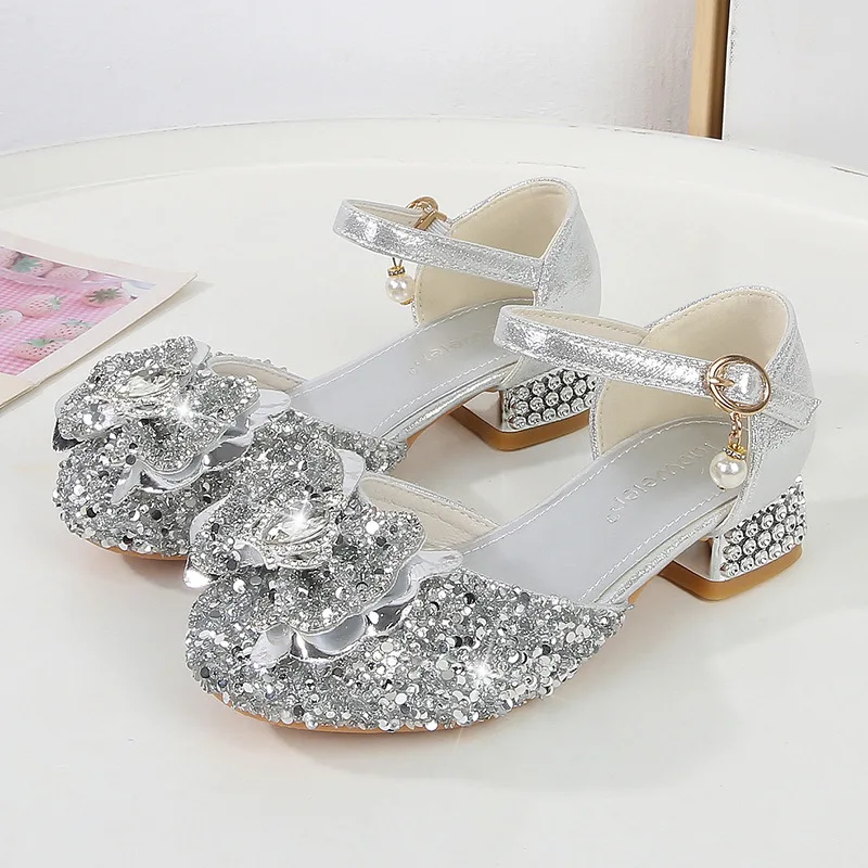 

Children's Sandals Luxury Rhinestone Girls Party Shoes Fashion Sequins Causal Kids High Heels Single Shoes for Stage Performance