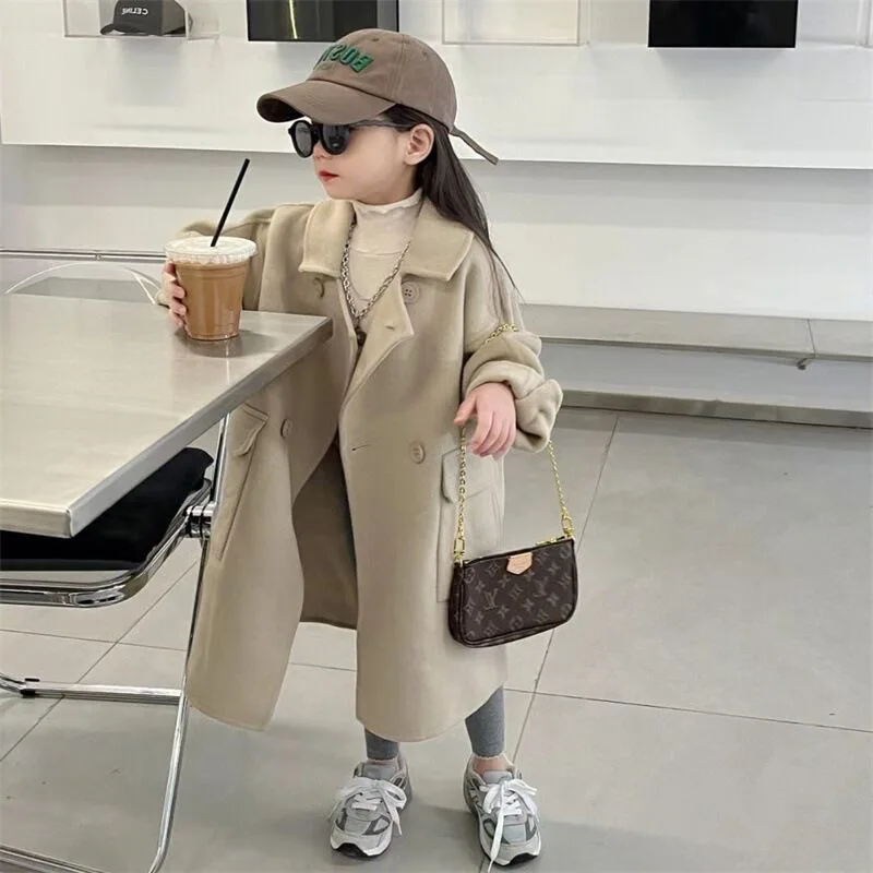 

Girl Top 2023 New Autumn Winter Korean Fashion Style Woollen Coat Baby Girl Loose Khaki Mid Length Overcoat Children Clothes