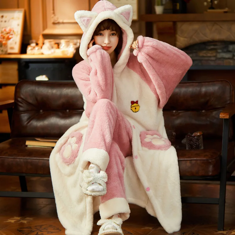 

Women's Coral Fleece Pajamas Set Winter Thickened Flannel Robe Cute Loungewear Warm Home Clothing for Ladies Autumn Sleepwear