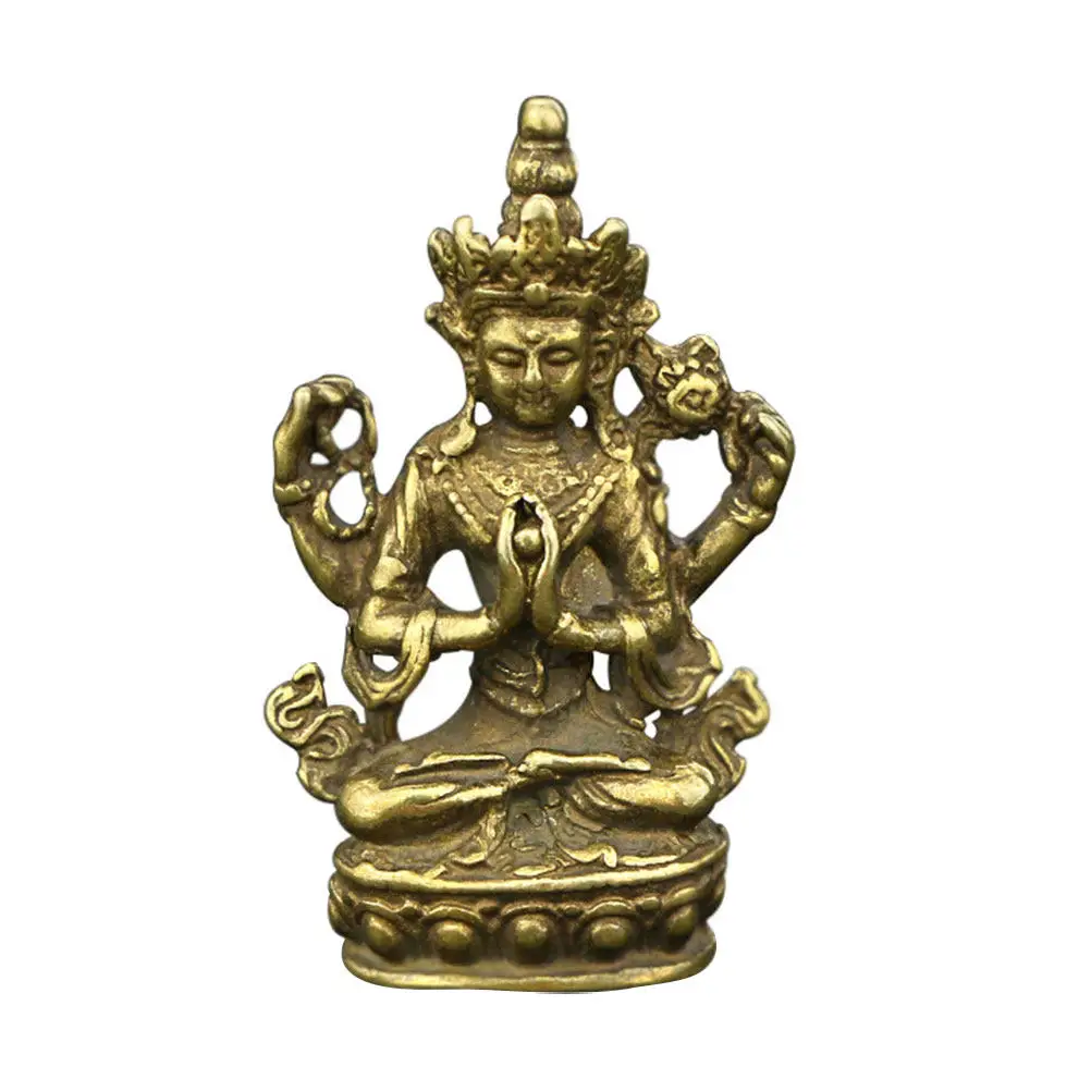 Premium Brass Four Armed Guanyin Statue Desktop Ornament for Desk Shelf Window Sill Cabinet Buddhism Decor Lucky Blessing Gift