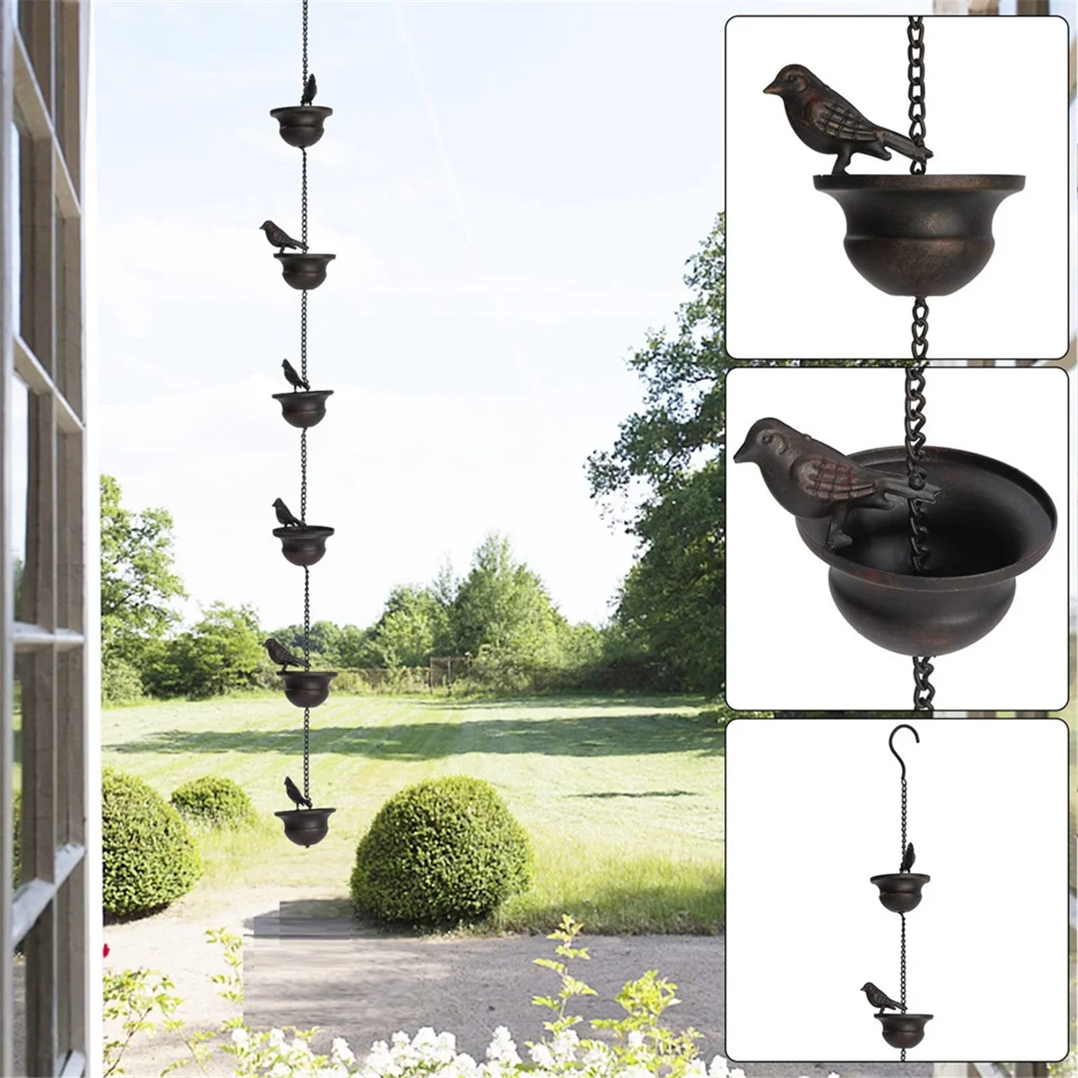 

Reliable Mobile Birds on Cups Rain Chain for Outside, Rain Chains for Gutters Downspouts, Dark Bronze 4 Bir