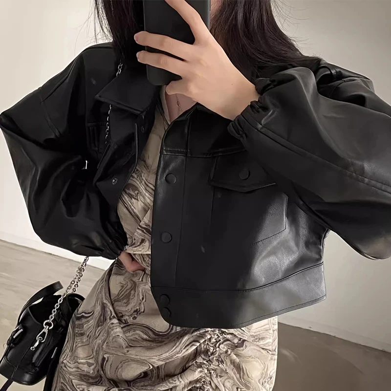 Sli Autunno PU Pelle Jaet da donna Vestibilità ampia Colletto con bottone singolo Doppio ket ort Cappotto Faionable Commute Wear