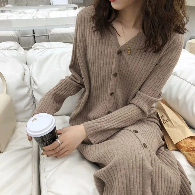 

2024 New Spring Autumn Simple Retro Casual Knitted Dress Women's Loose Bottom Sweater Skirt Long Style Versatile Fashion Dresses