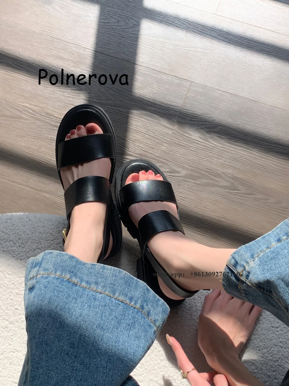 Black One Word Belt Sandals Platform Women's Shoes Chunky Heels Metal Buckle Summer Casual Ladies Fashion All-Match Roman Shoes