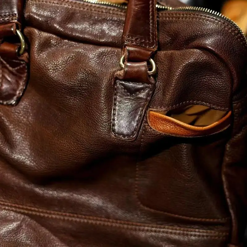 Maletín de negocios de lujo hecho a mano de cuero genuino para hombre y mujer, bolso para ordenador portátil de cuero de vaca real de alta calidad vintage a la moda