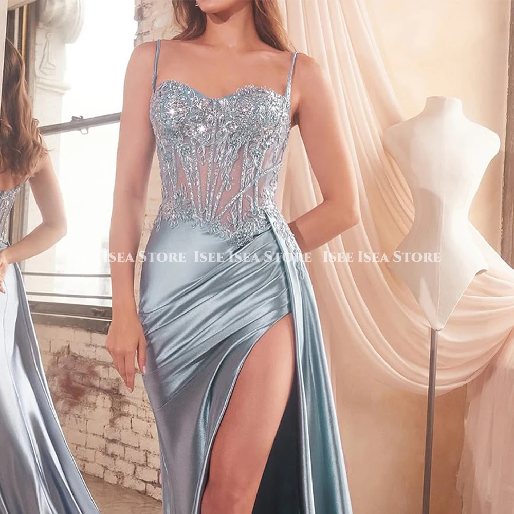Funkelnde Abendkleider aus Satin, sexy Meerjungfrau, ärmellos, mit Perlen verziert, elegantes Spaghettiträger-Kleid mit hohem Schlitz, formelles Kleid nach Maß