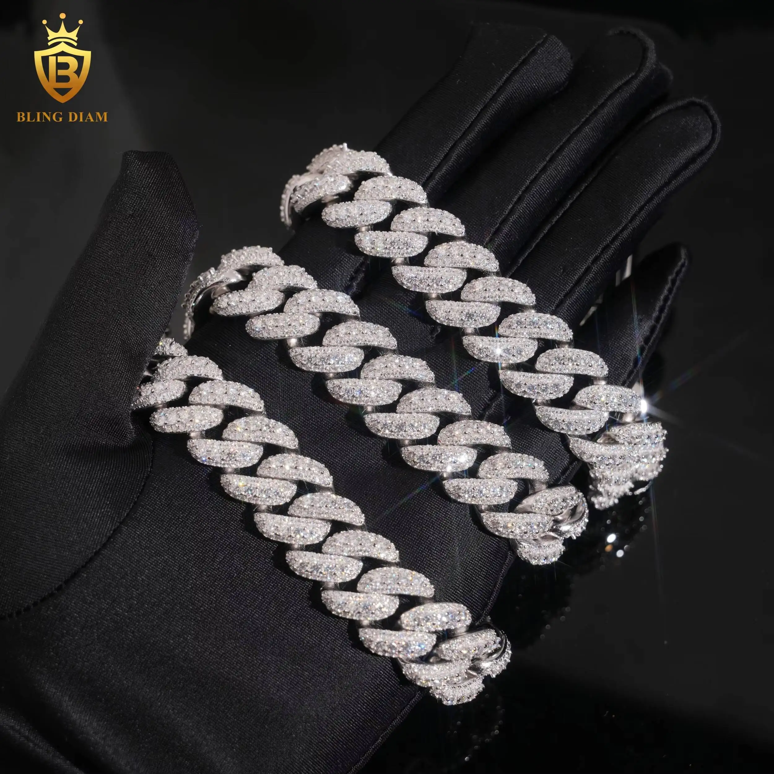 16MM Raised Pointers Iced Out Moissanite Cuban Chain 925 Silver Moissanite Cuban Link Chain Fashion Jewelry Pass Diamond Test.