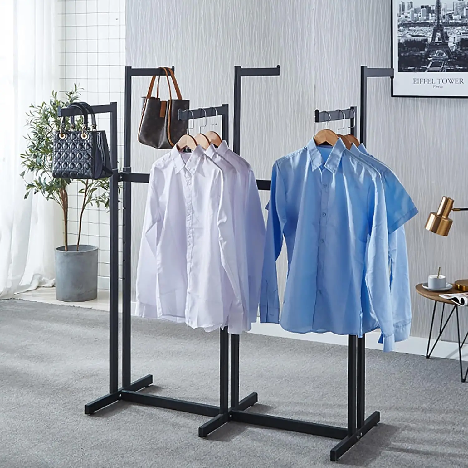 Floor Standing Metal Garment Rack - Heavy Retail Display Racks With Wheels, 6 Arms Clothing Rack, Square Tubing Portable Shirt