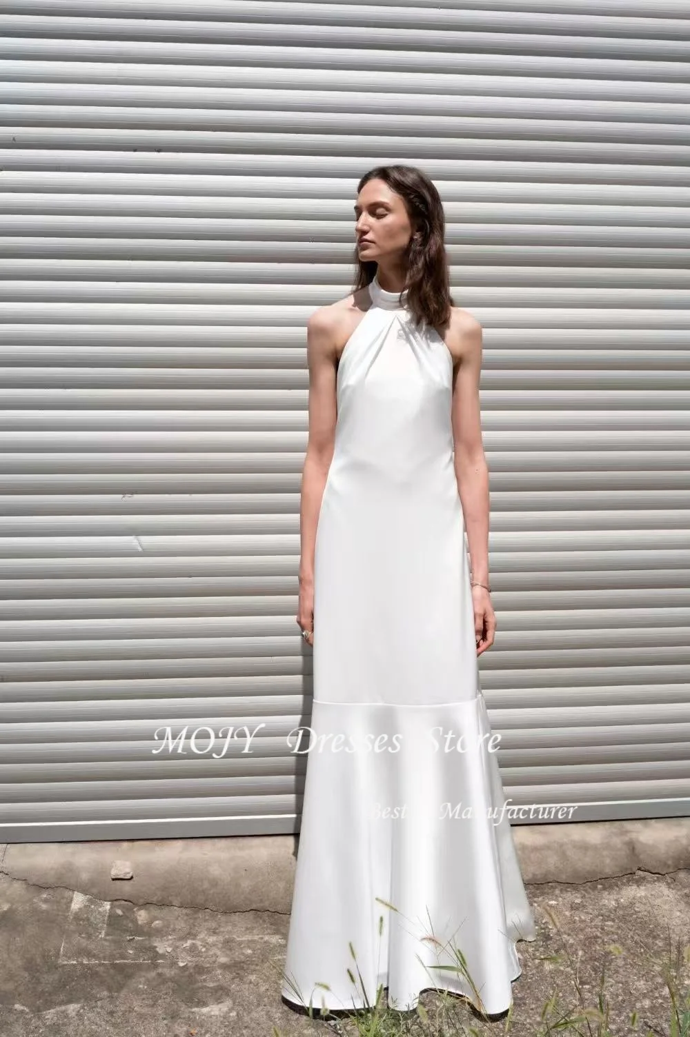 Mojy Graceful Women Wedding Dresse Vintage High Neck Sleevels Simple Bridal Gown Soft Crepe Mermaid Brides Wedding Gowns