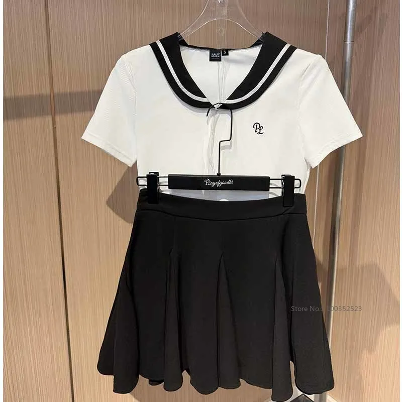 PL Women Golf Sports Tops Summer Short Sleeve Sailor Collar Shirts Lady High-waist Pleated Skirts Ruffle Golf Skort XS-XL