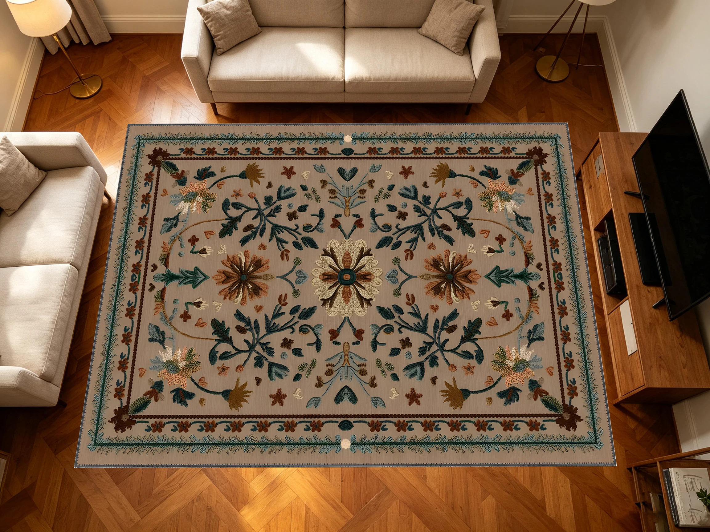 2D Carpet, Vintage Symmetrical Floral Pattern, American Retro Style, Suitable for Living Room, Bedroom, and Coffee Table Area