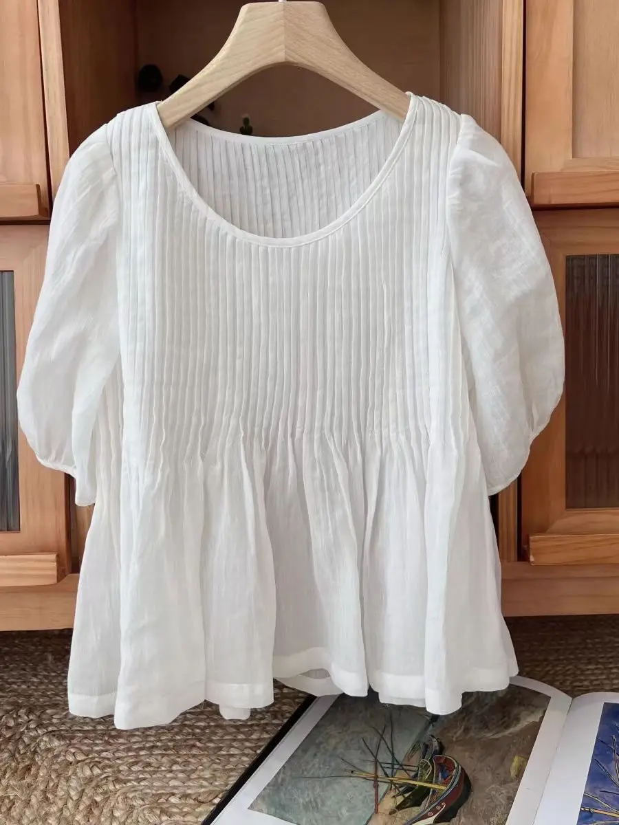 Verano Mint Wave een Peso Pesado Pred Plegable Proc Plisado Algodón Lino Cinco Sve irt Mujer Faion irt