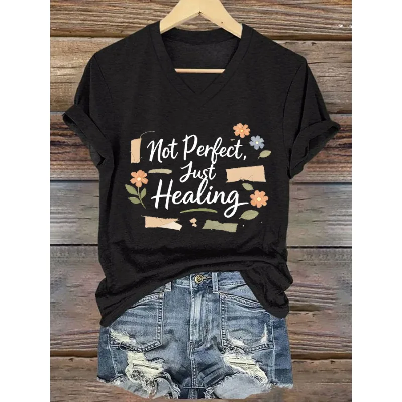 ilstile Women's Mental Health Print T-Shirts Short Sleeve  V Neck Female clothing Summer Black  Tops Casual Tees New Arrival