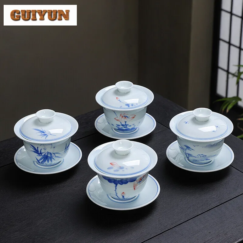 160ml Antique Blue and White Gaiwan Hand-painted Three Talent Covered Bowl Household Chinese Style Tea Making Non Hot Tea Tureen