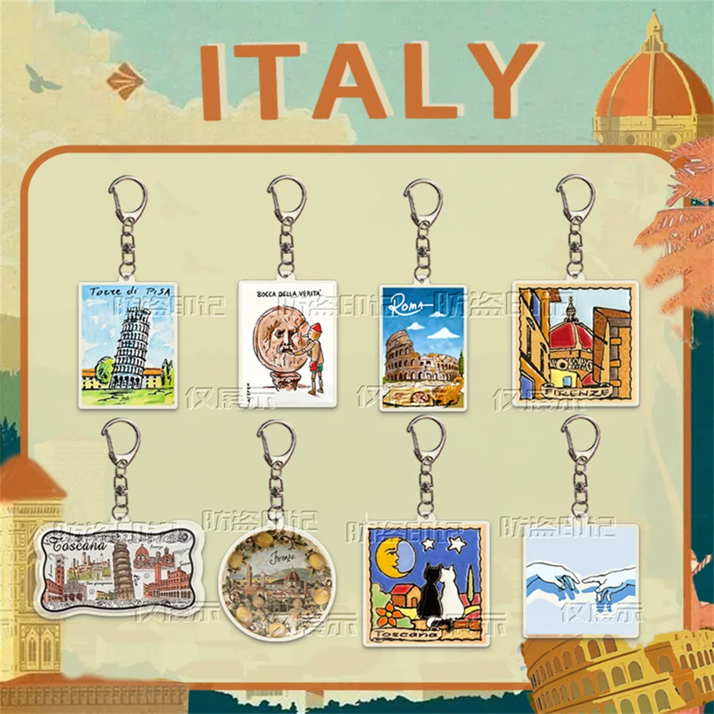Italy Travel Acrylic Keychain Italian Landmark Pisa Leaning Tower Rome Colosseum Florence Art Souvenir Key Ring Gift for Tourist