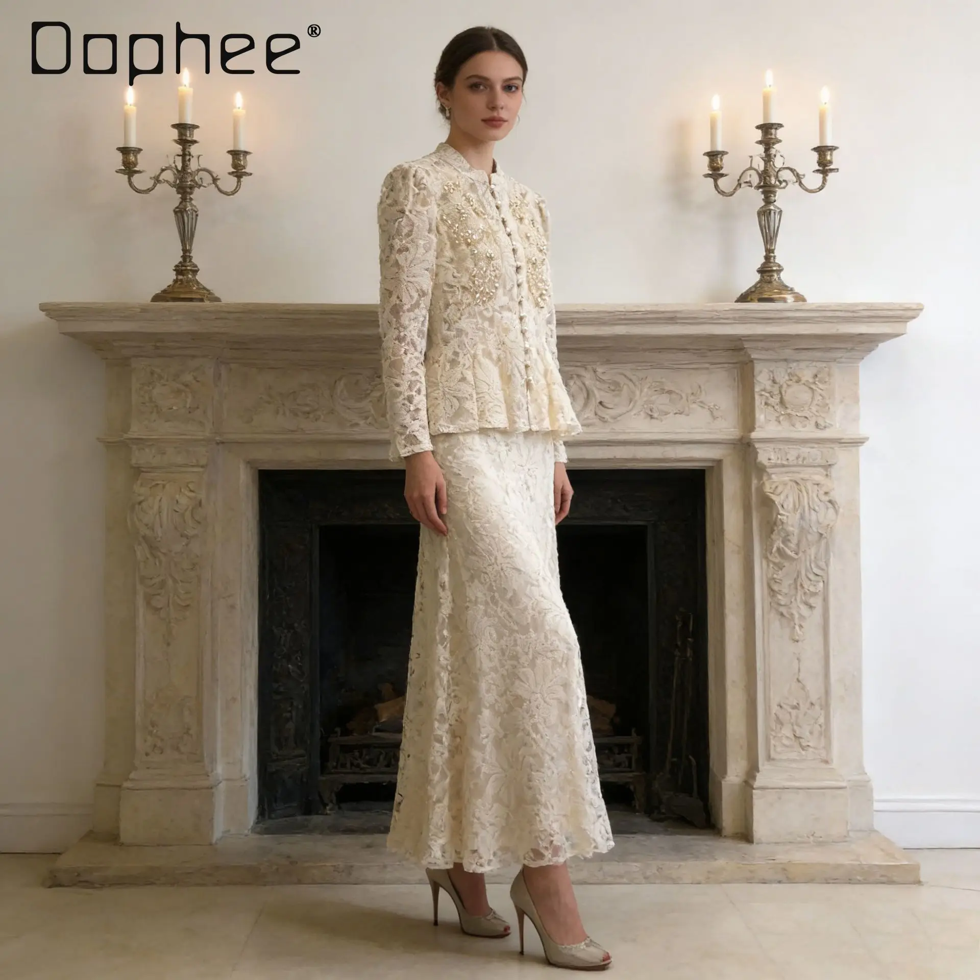 

Elegant Socialite Style Retro Embroidery Two-piece Set Evening Dresses Short Long-sleeve Top + High-waisted Fishtail Skirt Sets