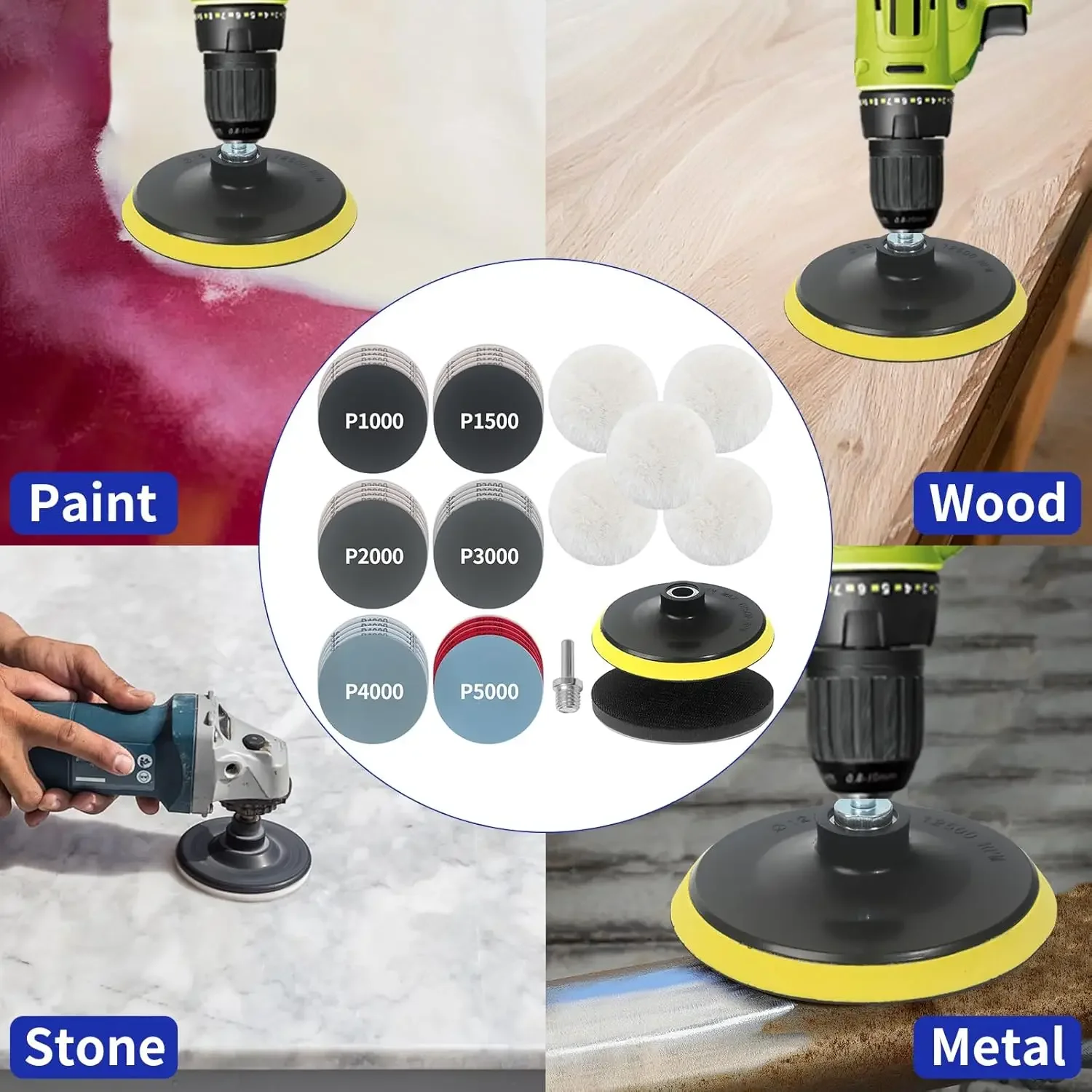 38枚入り 5インチ (125mm) ウェット＆ドライ サンディングペーパー 1000-5000グリット ウールパッド付き バッキングパッド ドリルポリッシャー サンディングアタッチメント用