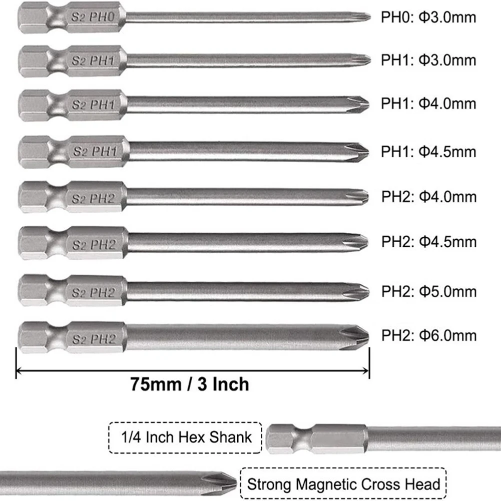 8pcs 75mm Cross Screwdriver Bits Set Alloy Steel Electric Screwdriver 1/4 Inch Hex Screw Driver Bits Hand Tools PH0 PH1 PH2