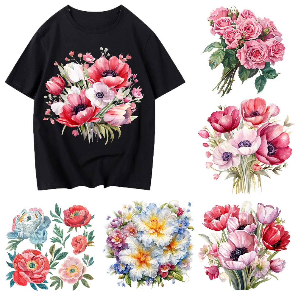 Flowers Fashion Iron On Heat Transfer Stickers For Clothes Dtf Pinted Vinyl Thermal Appliques Washable T-shirt Decal