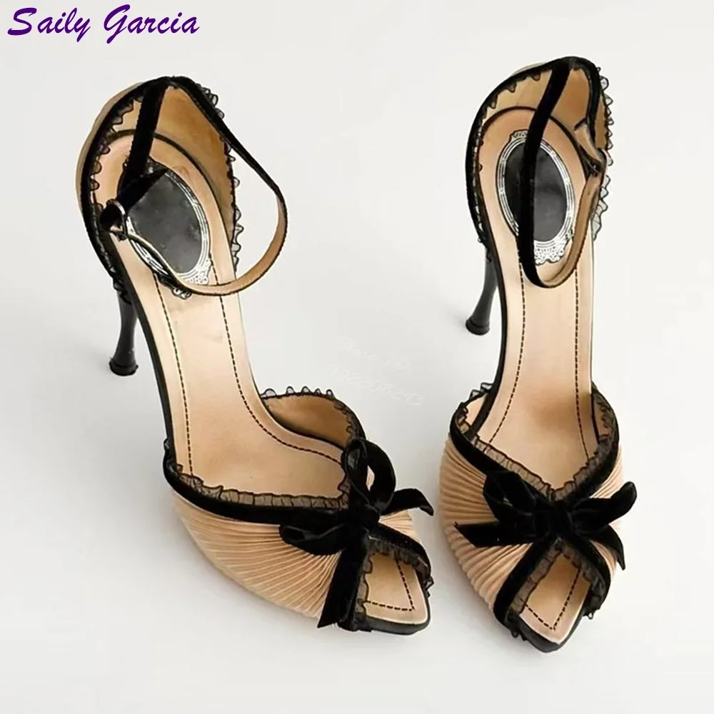 

Sexy Lace Butterfly-knot Sandals Beige Peep Toe Buckle Strap Stiletto Thin High Heels 2025 Summer New Women Elegant Dress Shoes