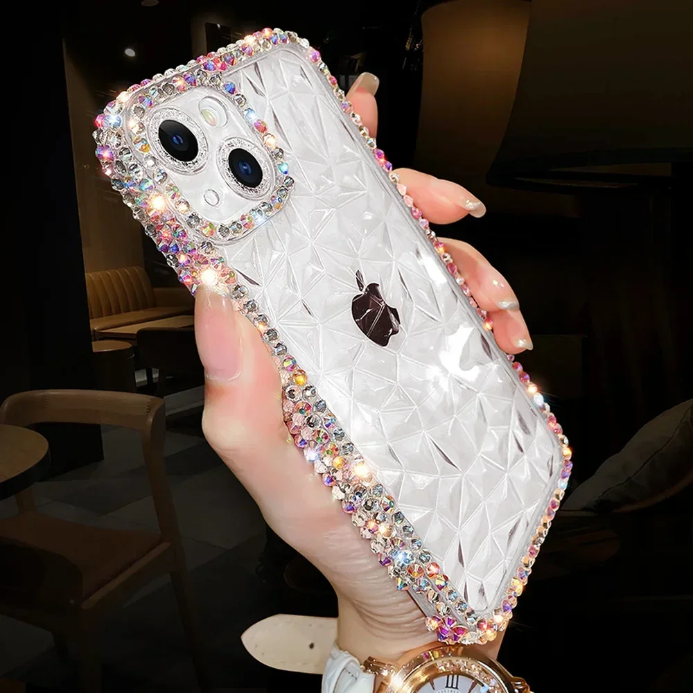 Glitter Diamond Transparent Case for iPhone 16 15 14 13 Pro Max 12 11 X Xr Xs 8 7 Plus Bling Rhinestone Water Ripple Soft Cover