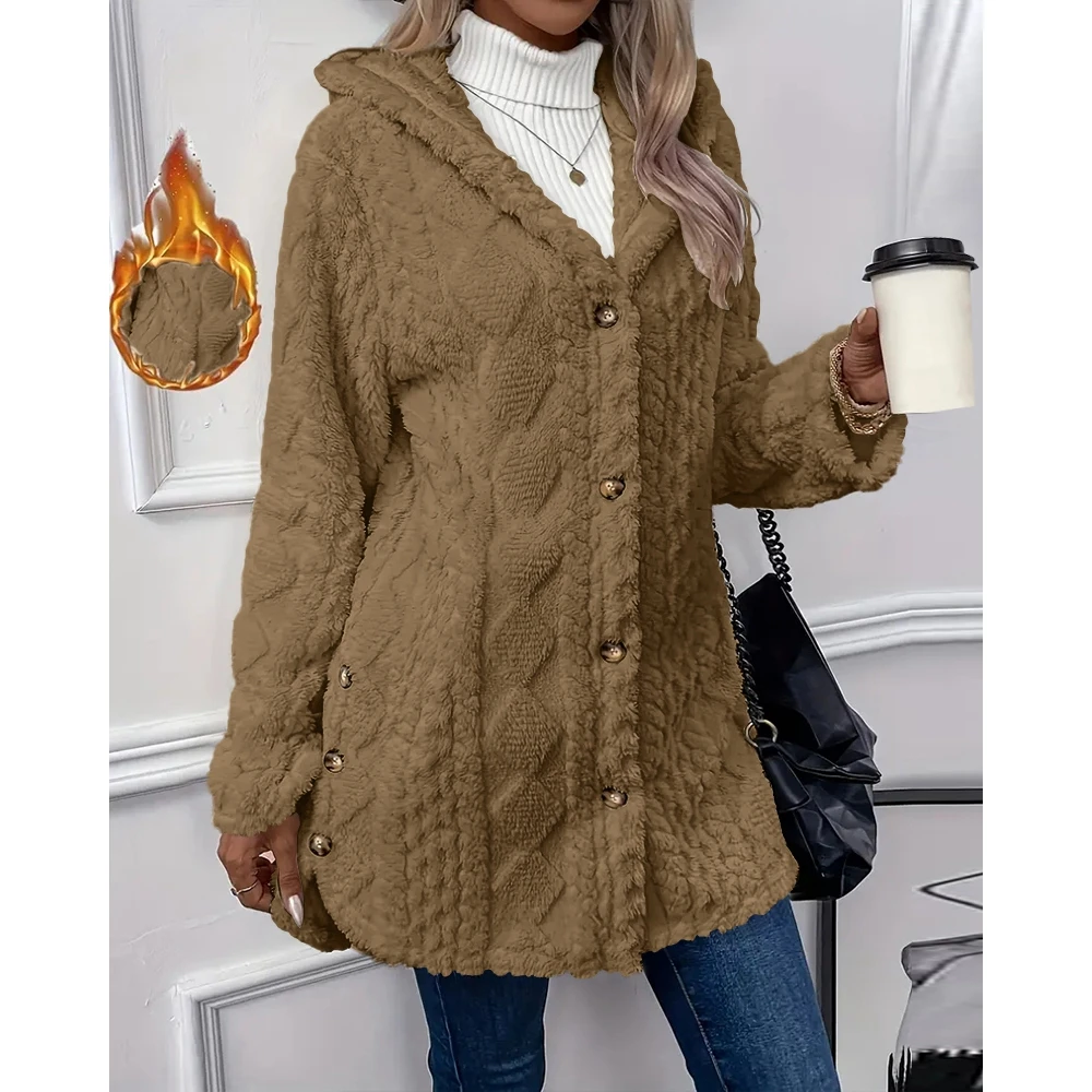 Womens Winter Coat Argyle Textured Pattern Fuzzy Button Fly Hoodie Coat Femme Elegant Fluffy Fleece Teddy Topcoat Outfits