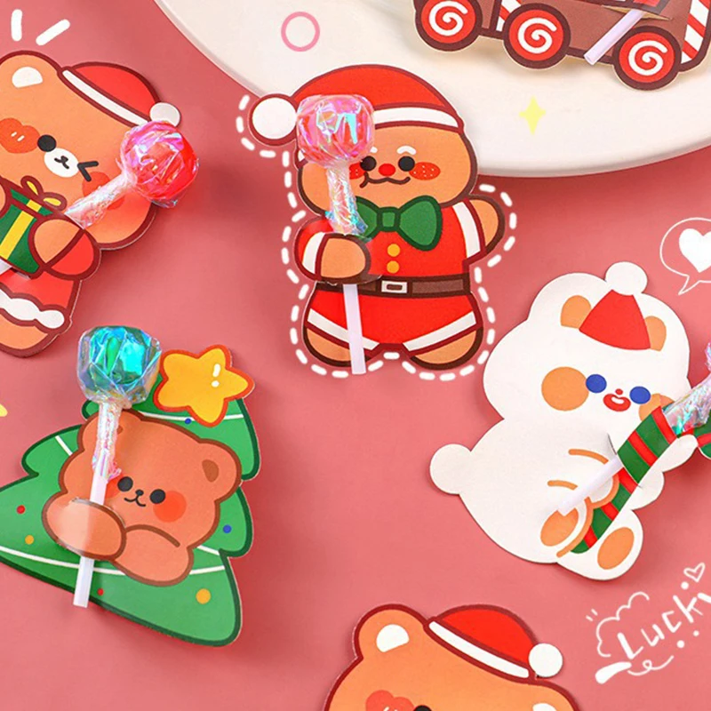 10Pcs Cartoons Lollipop Card Christmas Candy Decorations Packaging Card Cute Xmas Tree Santa Claus Lollipop Holder Gifts