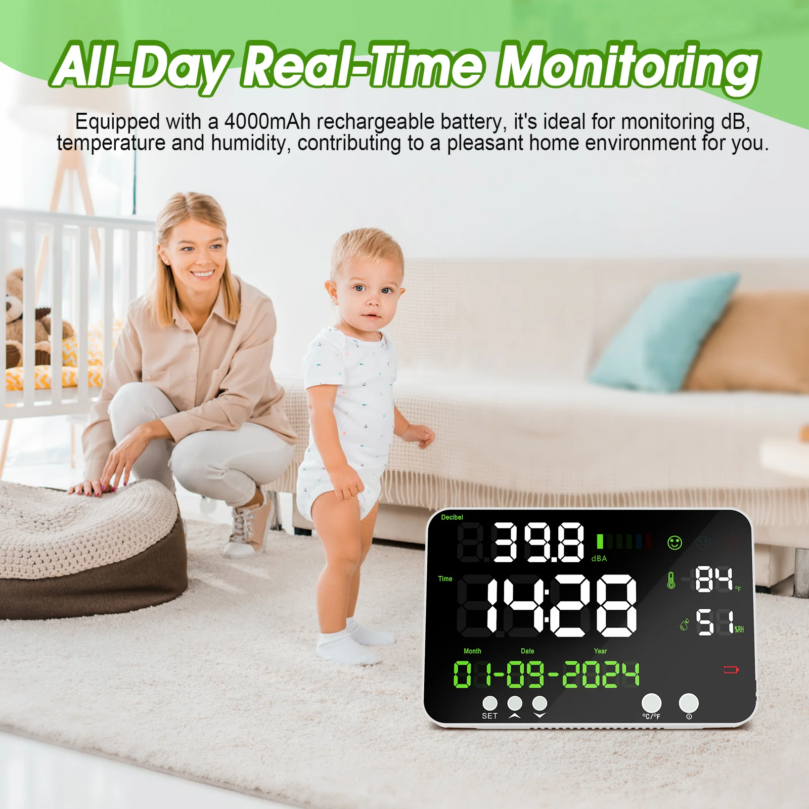 

HP-7000A Digital Decibel Meter Wall Mount 30-130 dBA Noise Detector with Temp Humidity Calendar Type-C Rechargeable for Home