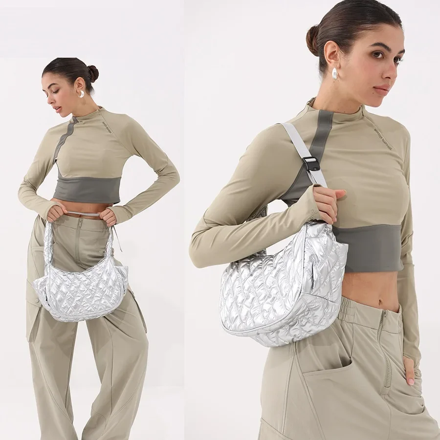 Winter Quilted Padded Halfmoon Bag Designer Solf Nylon Puffer Women Shoulder Bags Silver Lady Handbags Casual Hobos Bag