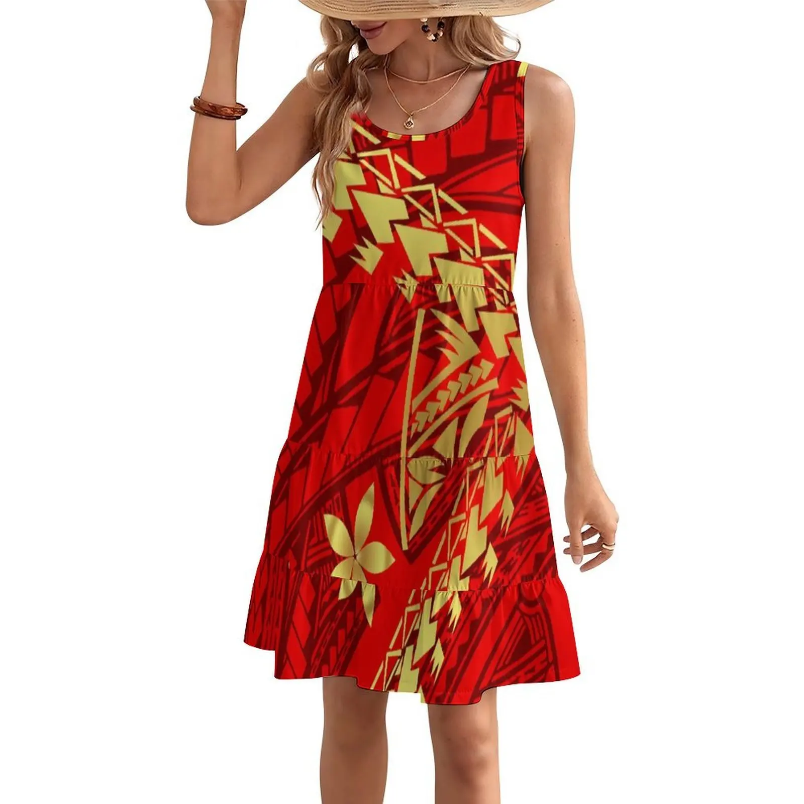 Vacation Casual Style Mini Dress High Quality Customized Polynesian Design Ladies Sleeveless Layered Ruffle Dress  Samoa Clothin