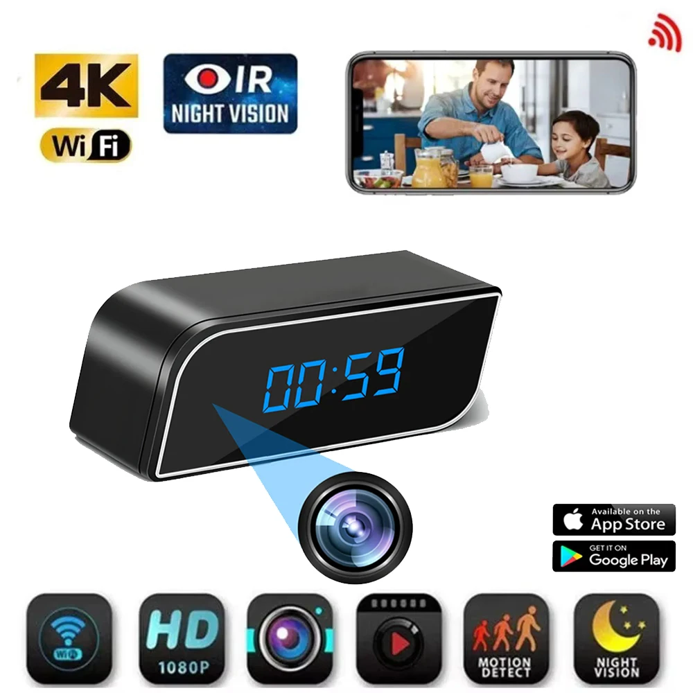 2025 high-definition 1080P WiFi mini clock camera, night vision mobile video alarm, supports wireless video, sports recording