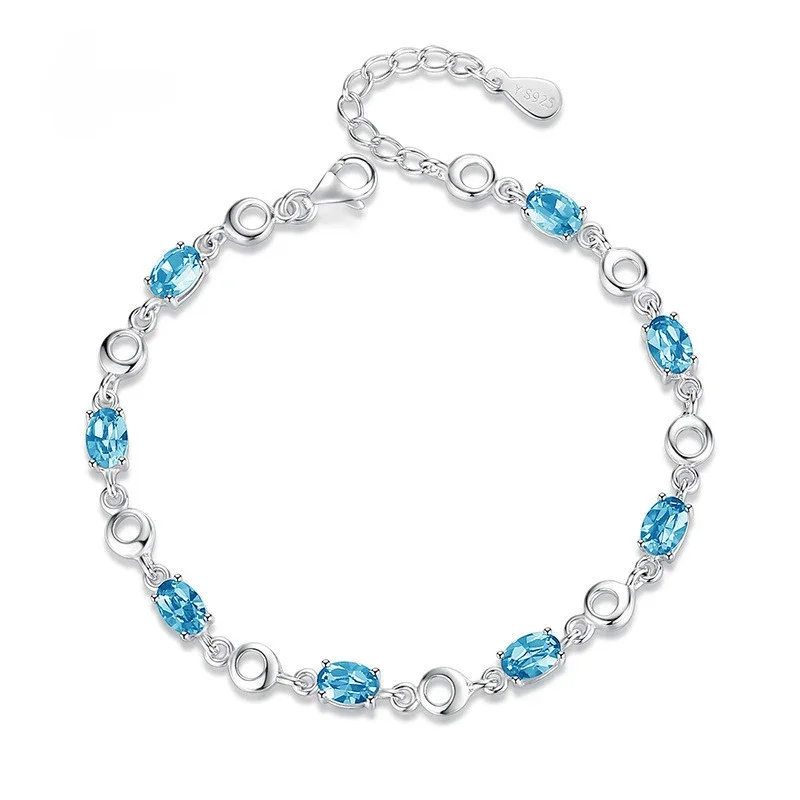 Blue Topaz Bracelets Female Real Silver Deep Blue Sapphire Color Gemstone Bracelet for Student Girl Birthday Gift