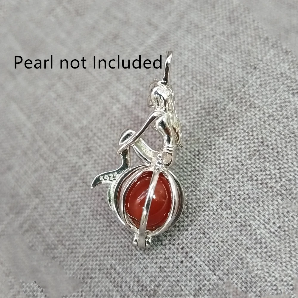 Sterling Silver Mermaid Pearl Cage Charm Rhodium Plated 925 Silver Locket Pendant for 8mm Pearl