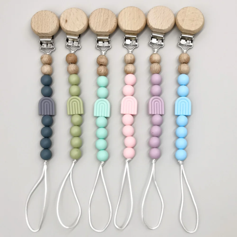 

Silicone Wood Round Beaded Pacifier Chain Baby Silicone Rainbow Nipple Chain For Nursing Teether Chew Toys Dummy Holder